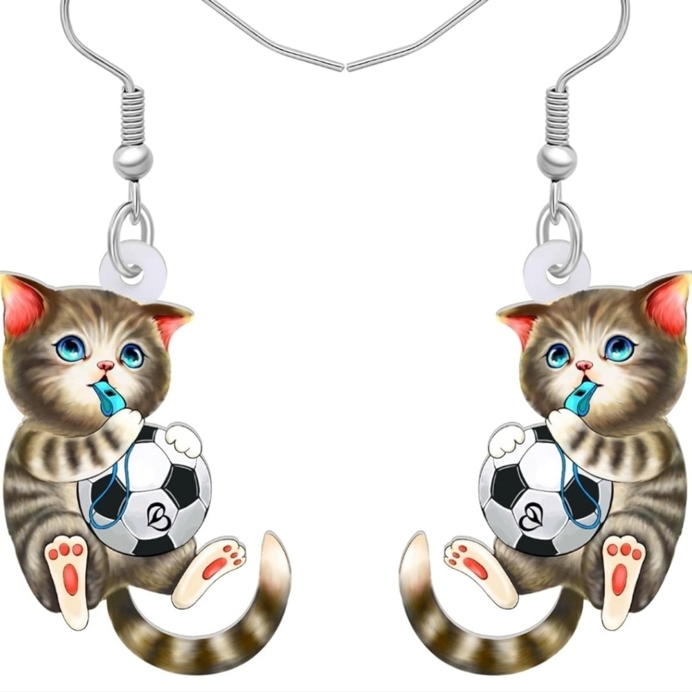 Cute Cat Earrings with Soccer Ball Design